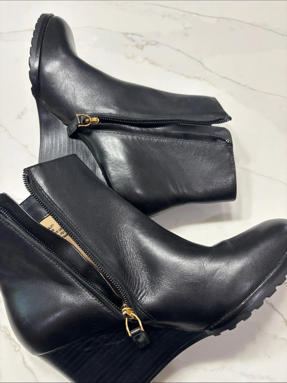 Ralph Lauren Black Leather Wedge Booties with Gold Logo